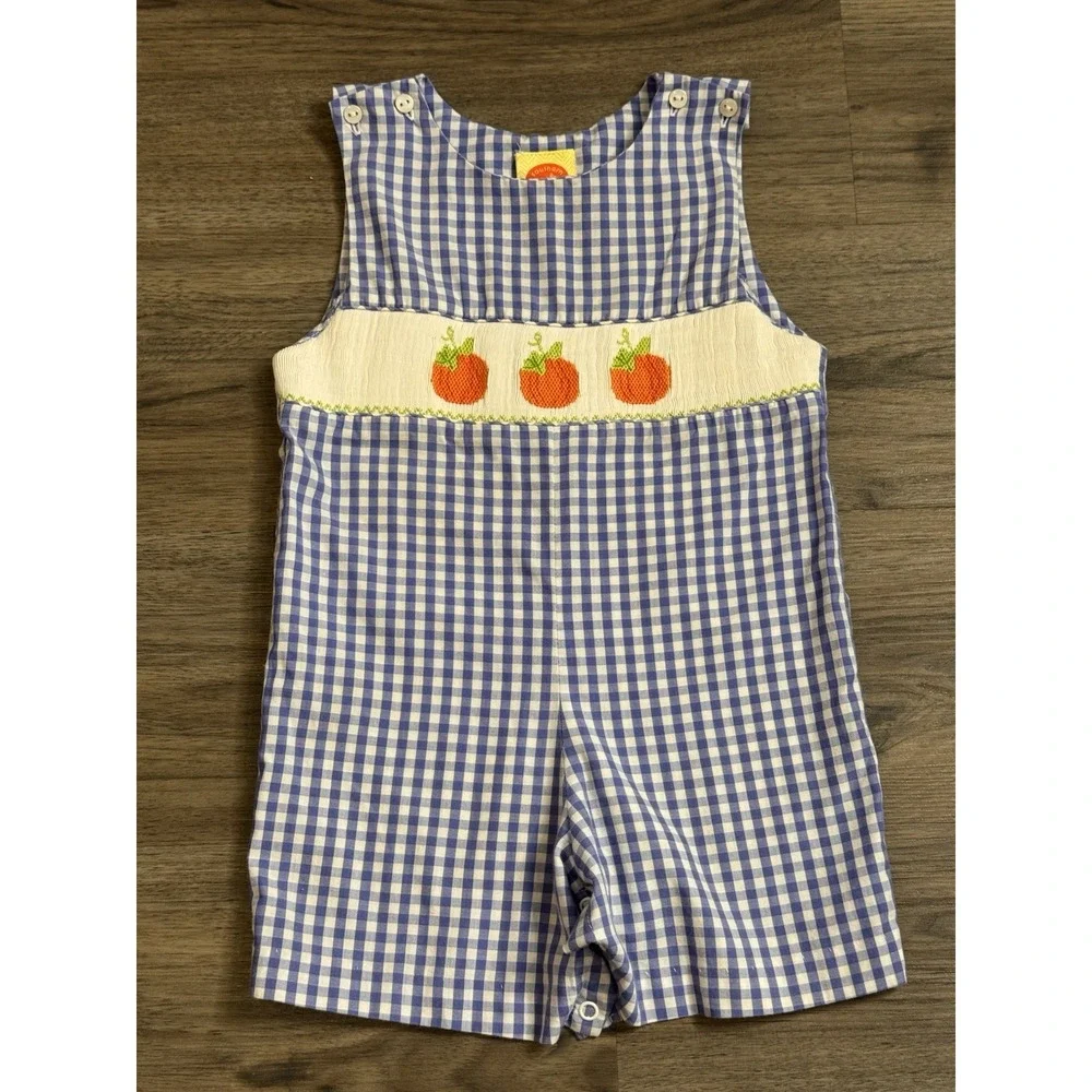 Toddler Boys Longall Overalls Size 2 Blue Gingham Smocked Pumpkin Fall Preppy
